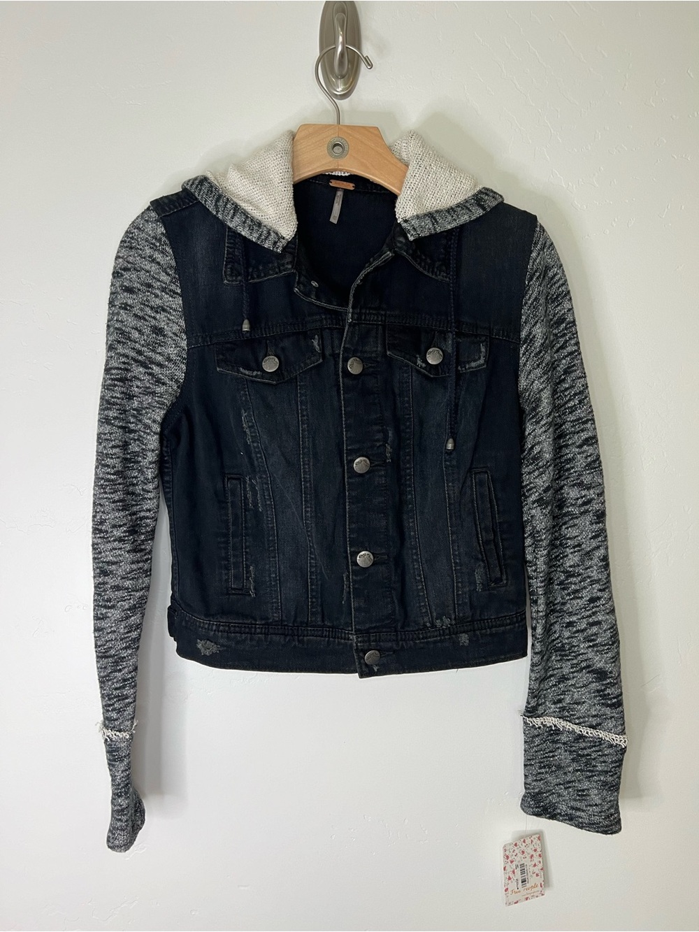 Free People NWT Black Denim Jacket with Gray Marled Knit Sleeves and Hood